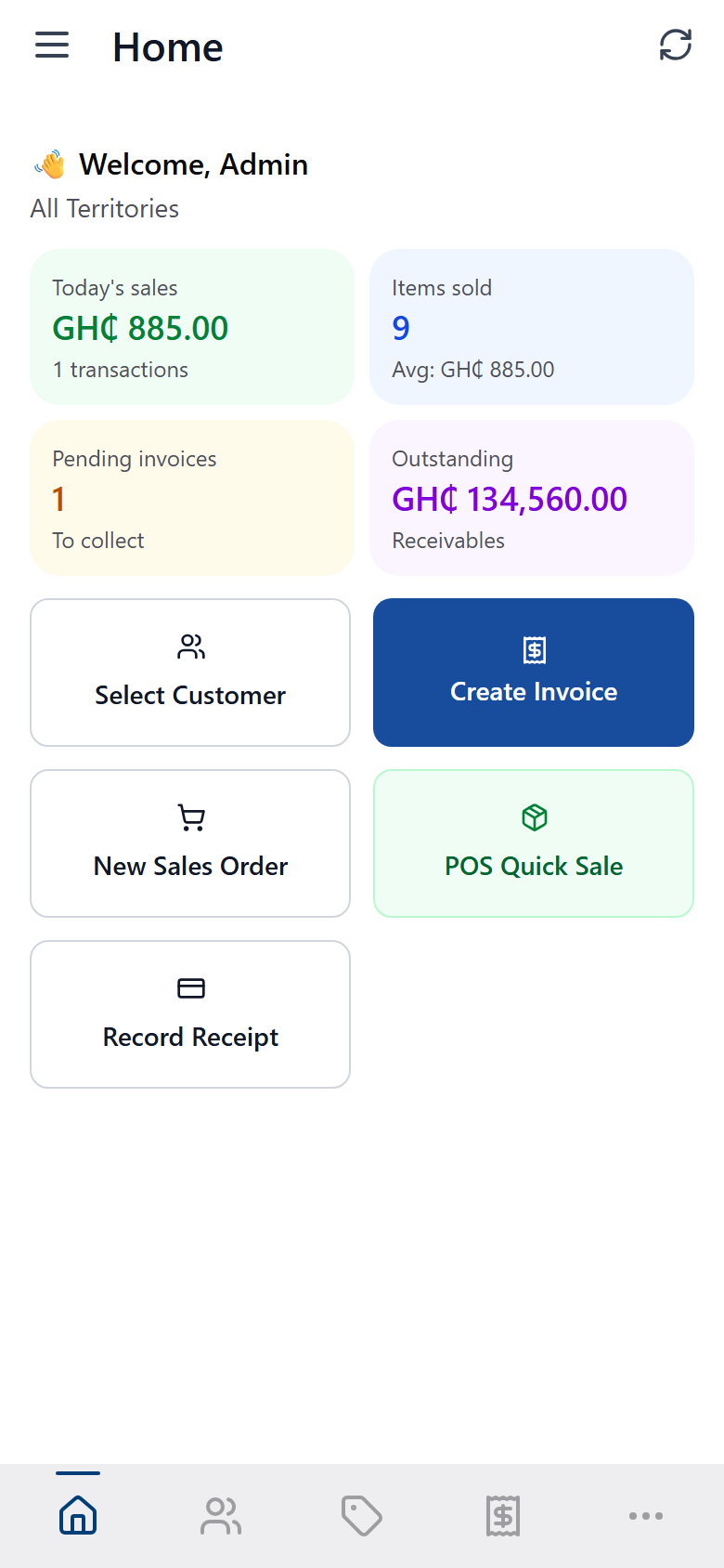 Factura Mobile Sales home screen: today’s sales, pending invoices, the amount outstanding, and the five action buttons