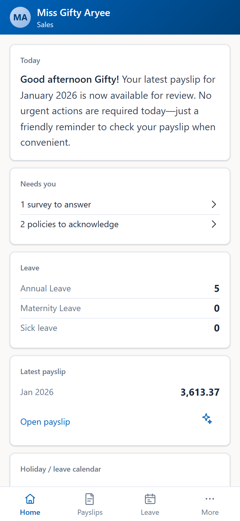 Factura HRMS employee self-service on a phone: a greeting with the leave balance, items that need the employee, leave balances and the latest payslip